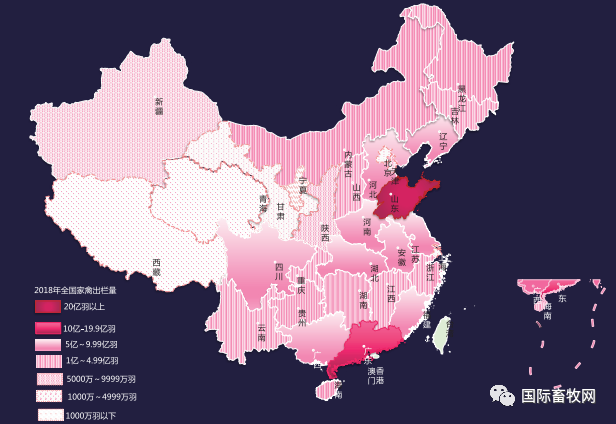 2018年全國(guó)家禽出欄量分布